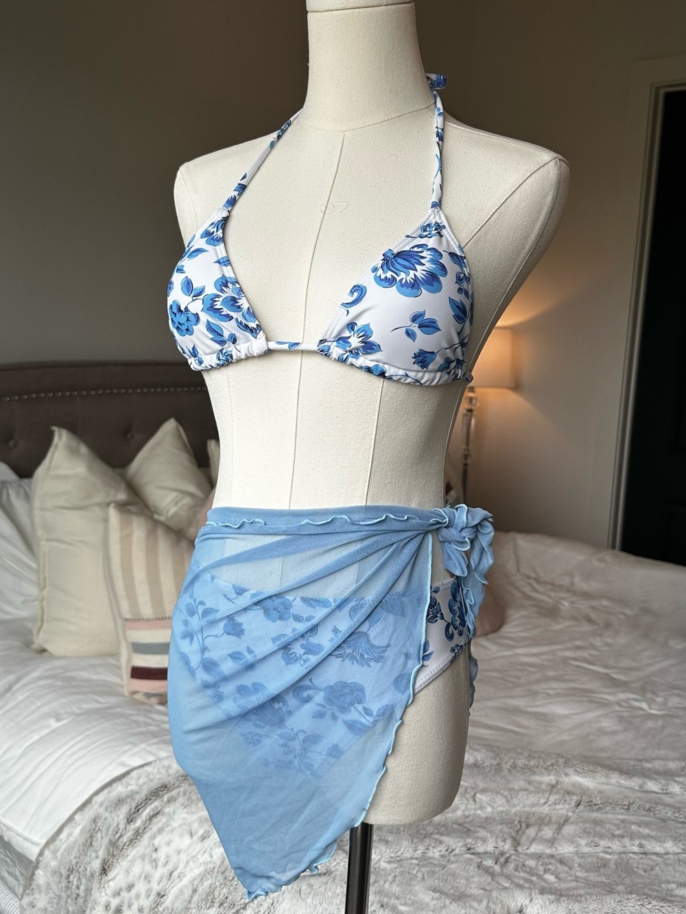 Blue Floral Triangle Bikini Set with Sheer Sarong